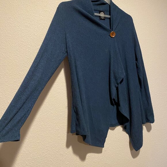 Bobeau Blue Asymmetrical Wrap Cardigan - Petite Medium, One Button Closure - Picture 2 of 4